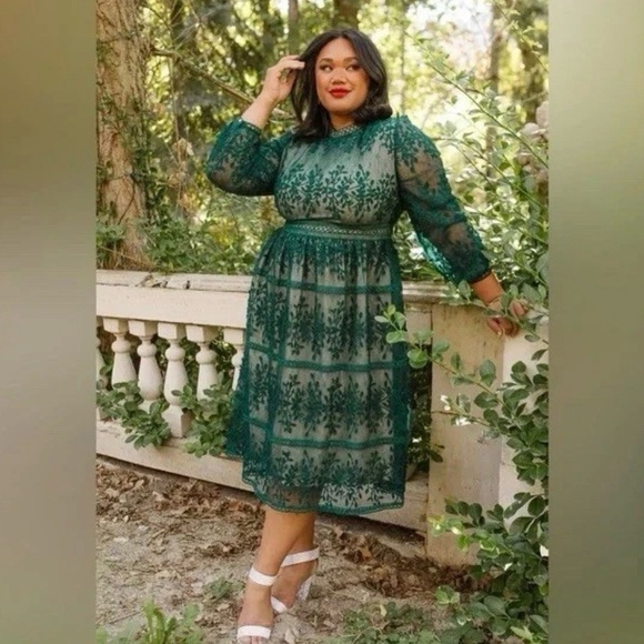 Hunter Green Lace Large Ivy City Co Sicily Lined Floral Midi Dress L Fall Fancy - Picture 13 of 13